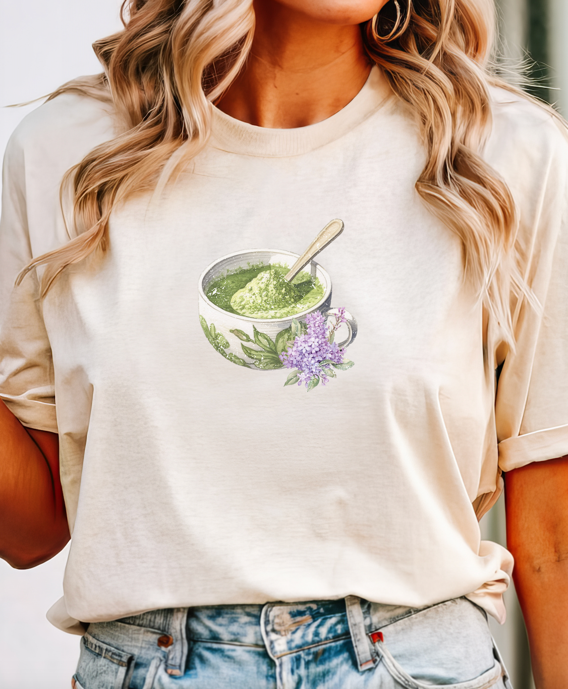 Matcha Green Tea Cup with Lavender Summer T Shirt. Matcha Retro Graphic Shirt