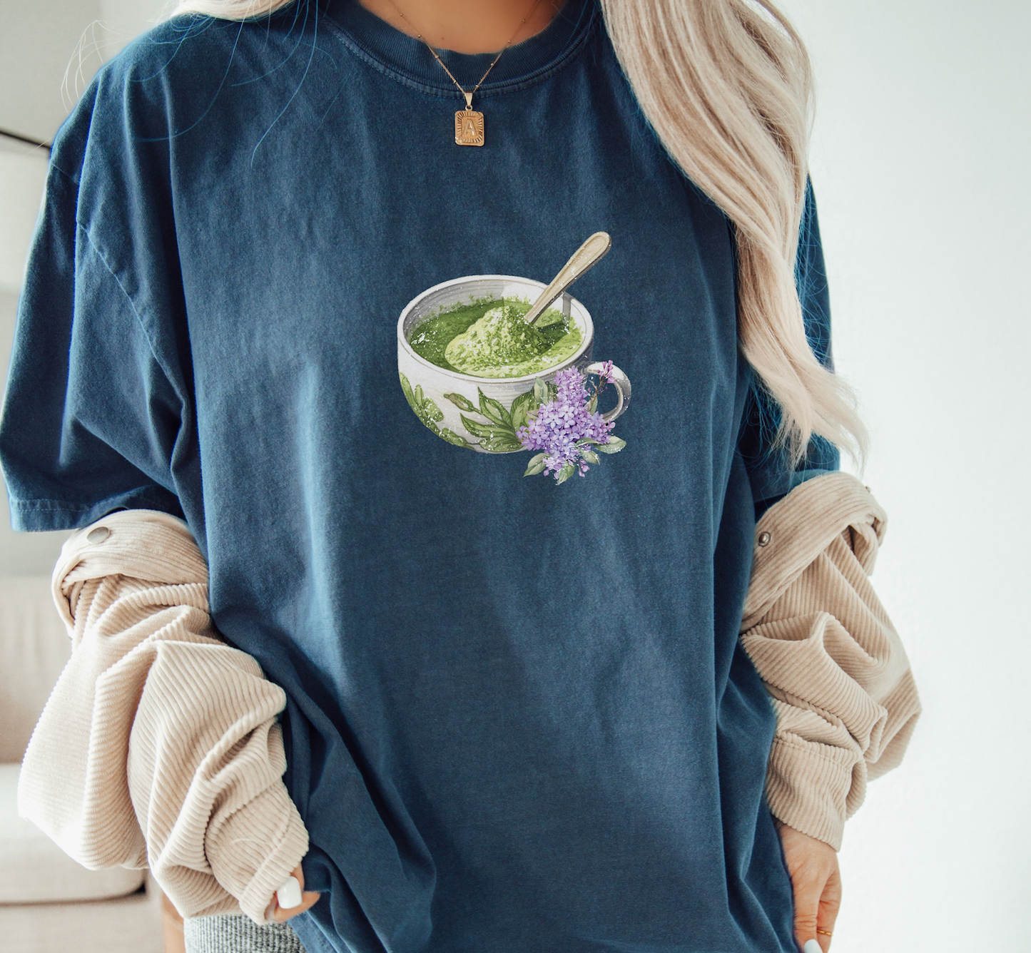 Matcha Green Tea Cup with Lavender Summer T Shirt. Matcha Retro Graphic Shirt