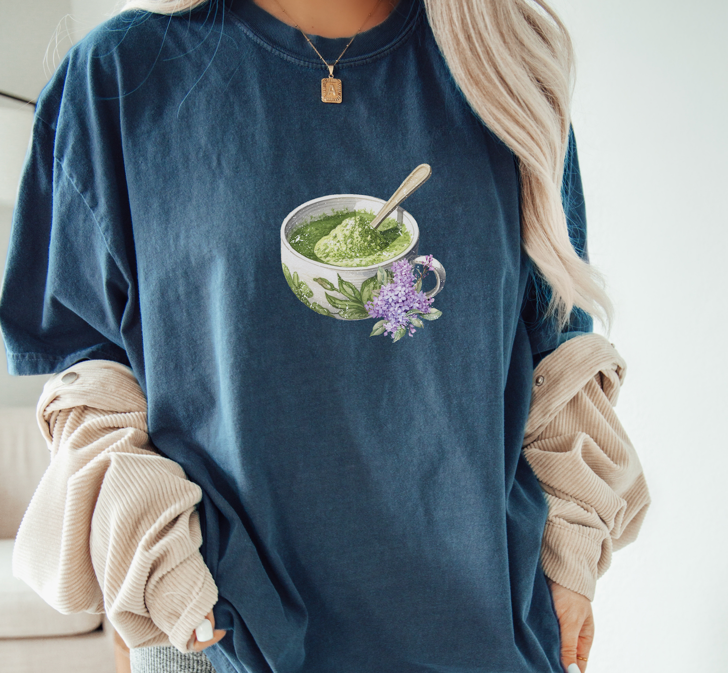 Matcha Green Tea Cup with Lavender Summer T Shirt. Matcha Retro Graphic Shirt