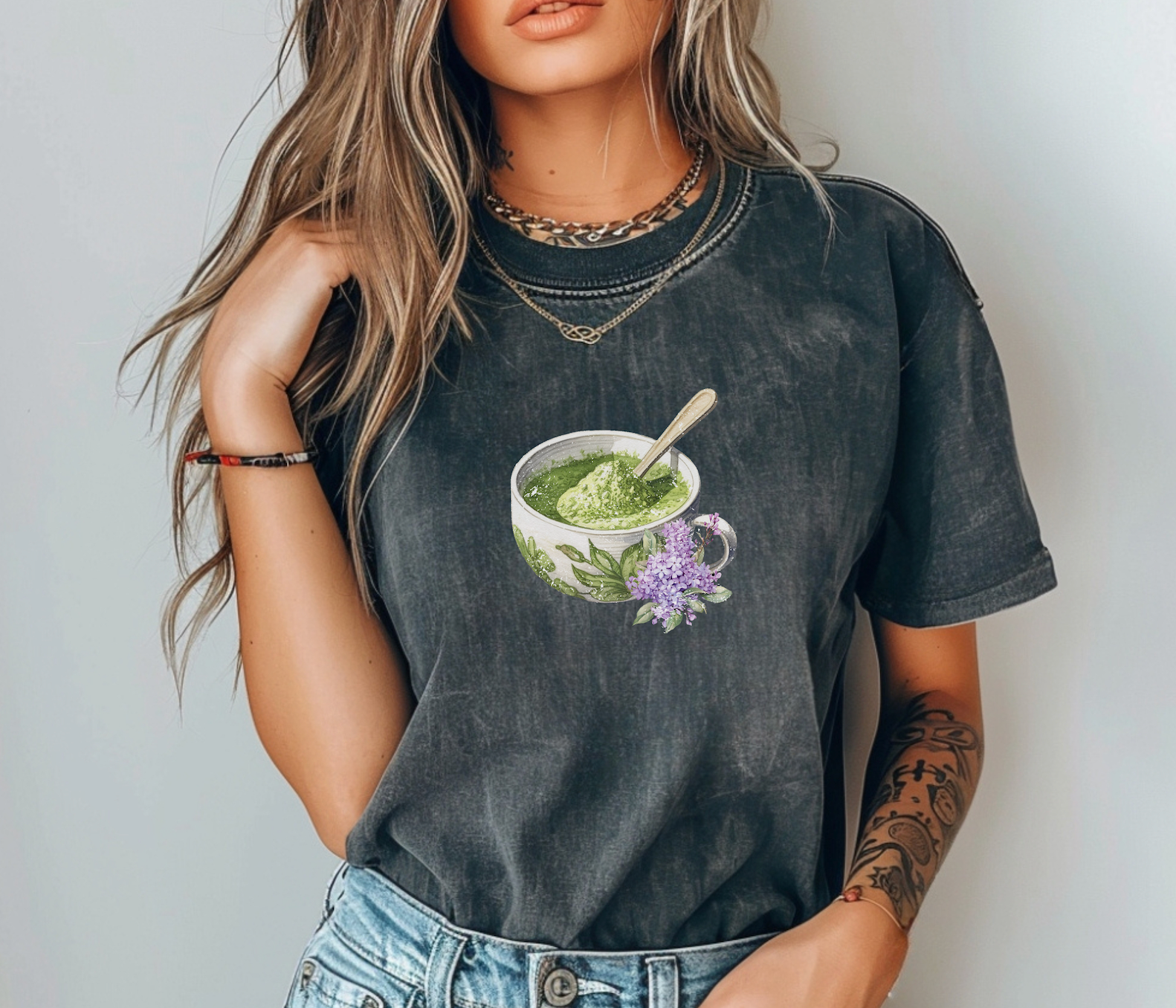 Matcha Green Tea Cup with Lavender Summer T Shirt. Matcha Retro Graphic Shirt