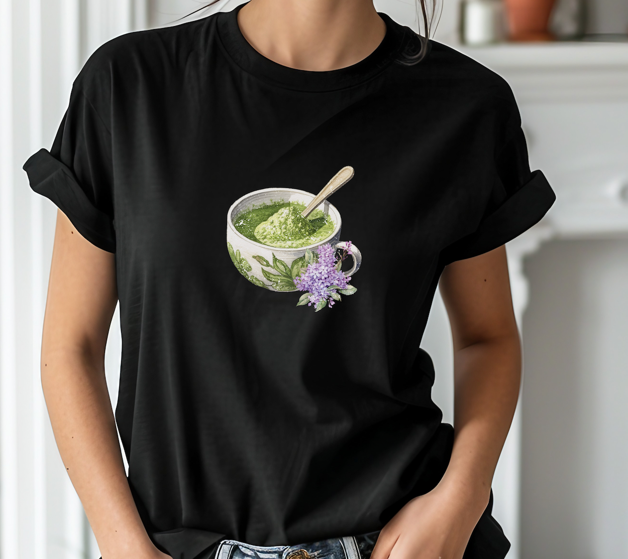 Matcha Green Tea Cup with Lavender Summer T Shirt. Matcha Retro Graphic Shirt