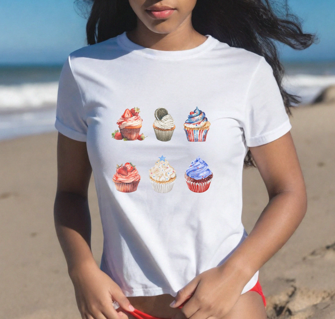 4th of July Women's Graphic Baby Tee Collage. Y2K aesthetic shirt. Independence Day cupcakes. Retro Graphic Top for women