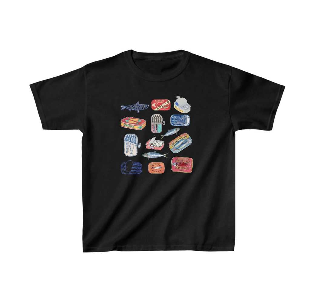 Graphic Baby Tee Collage. Y2K aesthetic scrapbook collage shirt. Collage sardines shirt. Retro Graphic Top for women