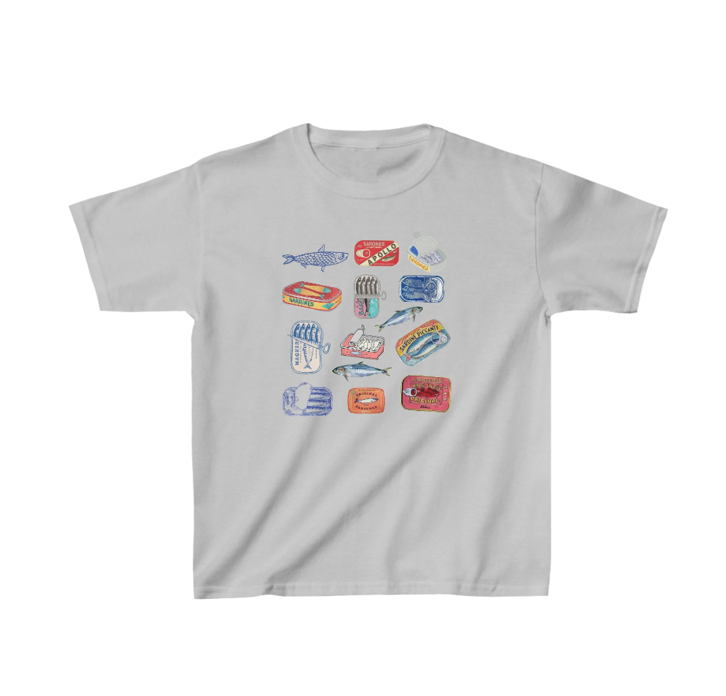 Graphic Baby Tee Collage. Y2K aesthetic scrapbook collage shirt. Collage sardines shirt. Retro Graphic Top for women