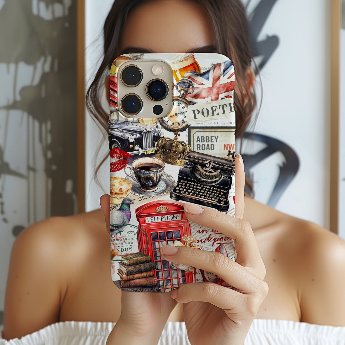 Girl holding So Long London Tortured Poets Department Collage Phone Case by Artscape Market