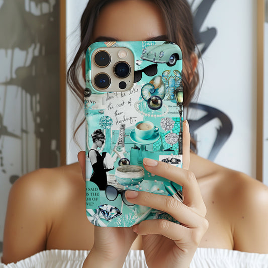 Girl holding Tiffany Blue Collage Phone Case. Breakfast at Tiffany's iconic phone case by Artscape Market