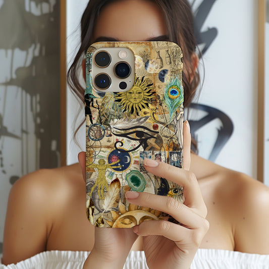 girl holding mystical collage phone case by Artscape Market filled with celestial astrology tarot and alchemical images in watercolor scrapbook collage style
