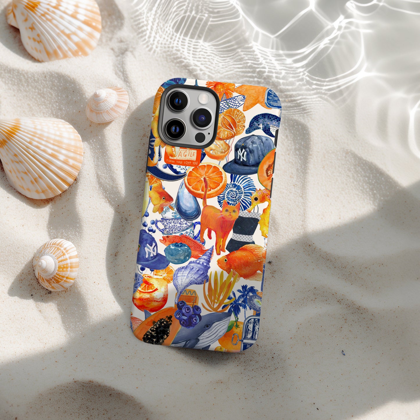 beach view of Blue and Orange Watercolor Collage Phone Case. Maximalist scrapbook style phone case for iPhone and Samsung Galaxy. Summer Phone Case by Artscape Market
