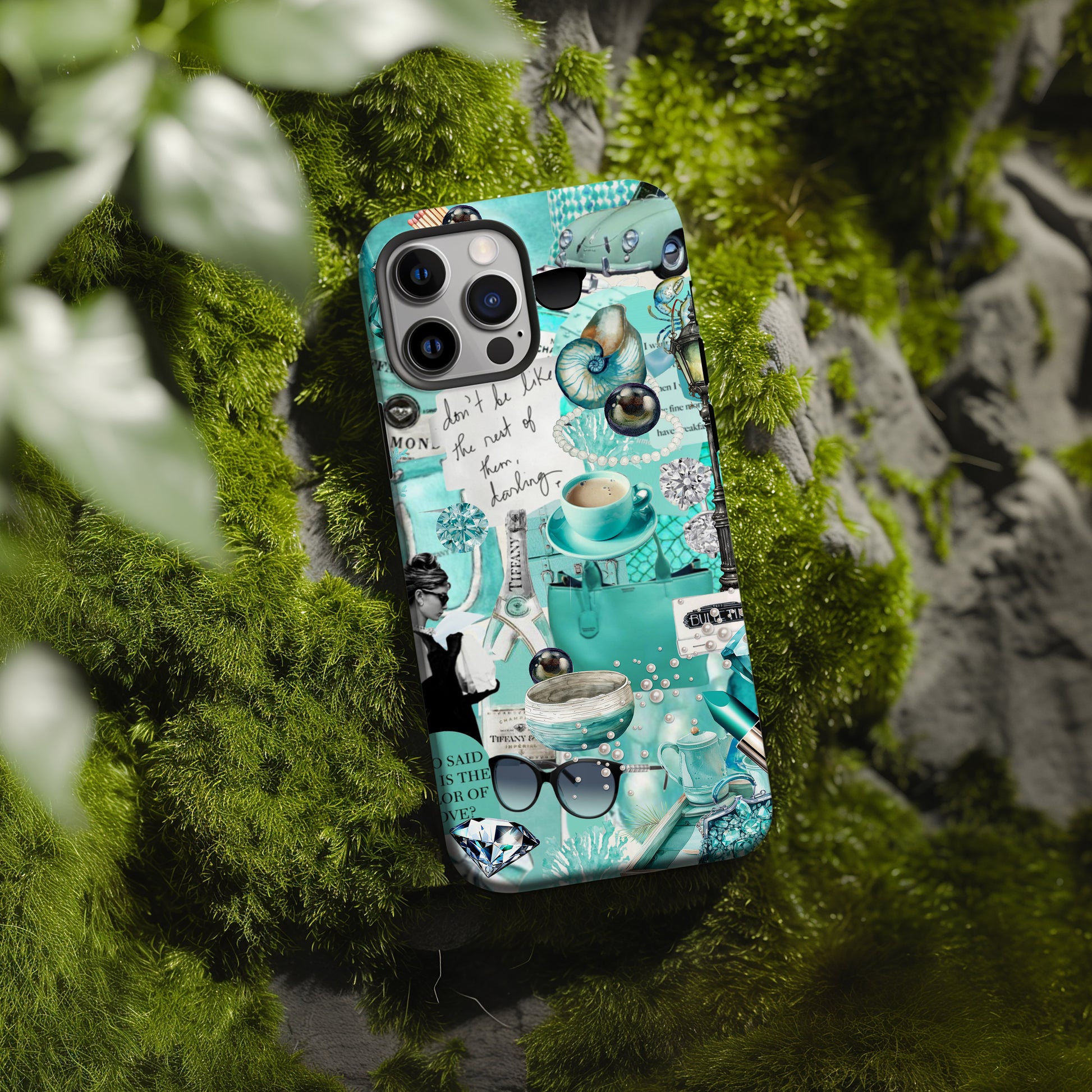Moss rock with Tiffany Blue Collage Phone Case. Breakfast at Tiffany's iconic phone case by Artscape Market
