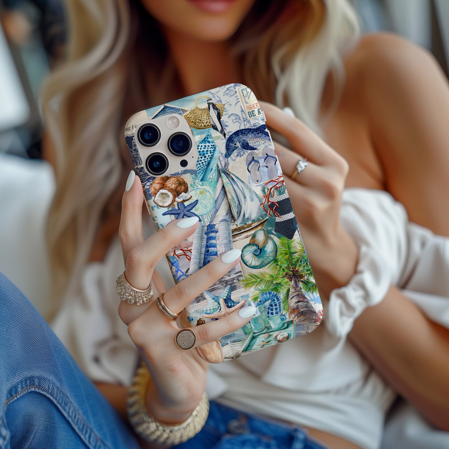 girl holding Cape Cod Beach Collage Phone Case. Sand and Sea Phone Case for iPhone and Samsung Galaxy. Sailing and beach themed phone case by Artscape Market