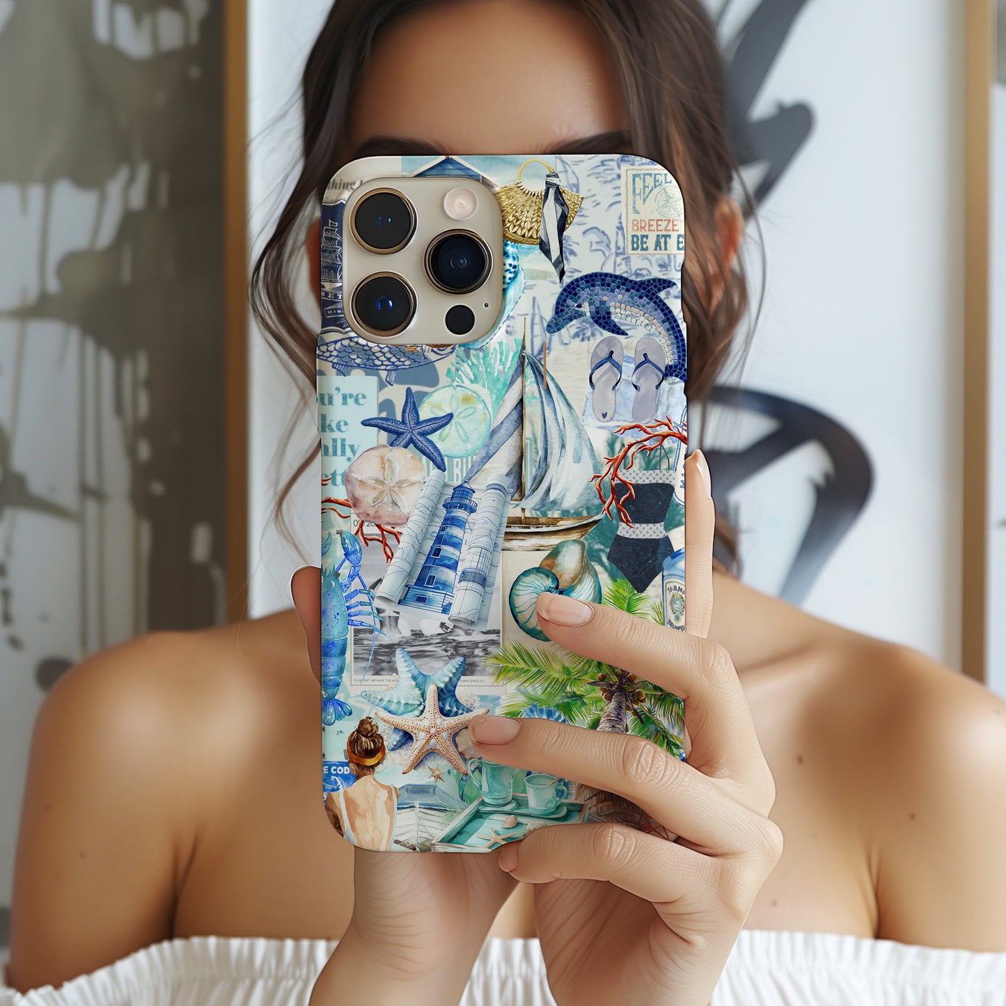 girl holding Cape Cod Beach Collage Phone Case. Sand and Sea Phone Case for iPhone and Samsung Galaxy. Sailing and beach themed phone case by Artscape Market