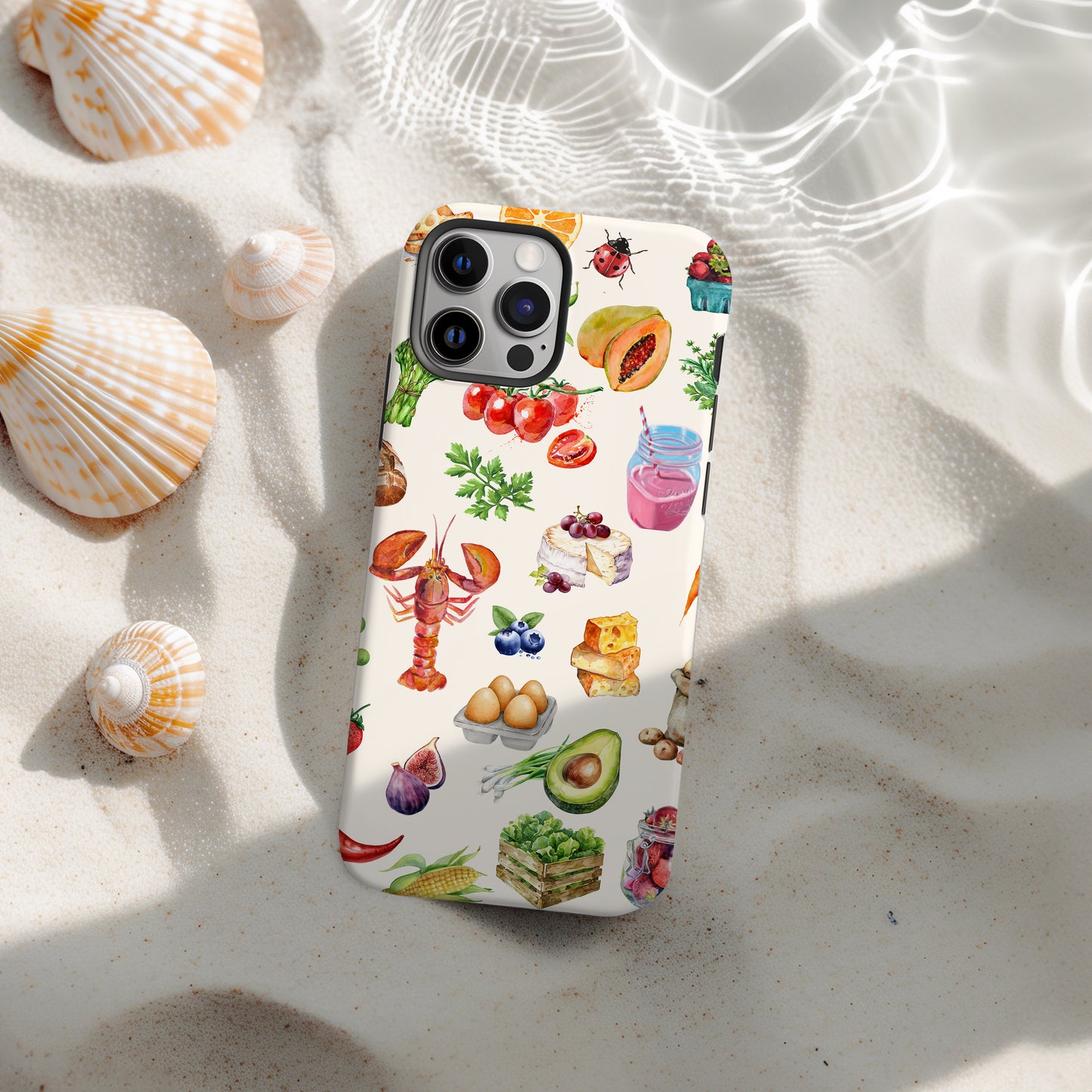 beach with farmer's market collage phone case. Scrapbook watercolor style with images of farm fresh food on a crem background. Phone case for iPhone and Samsung by Artscape Market
