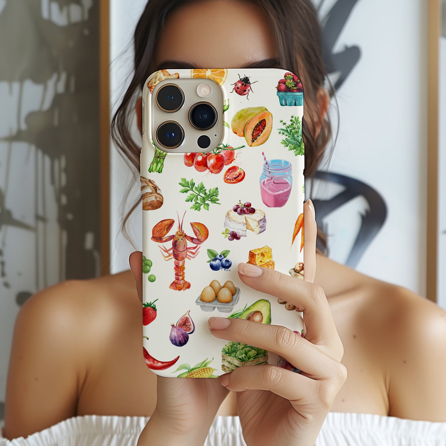 girl holding farmer's market collage phone case. Scrapbook watercolor style with images of farm fresh food on a crem background. Phone case for iPhone and Samsung by Artscape Market