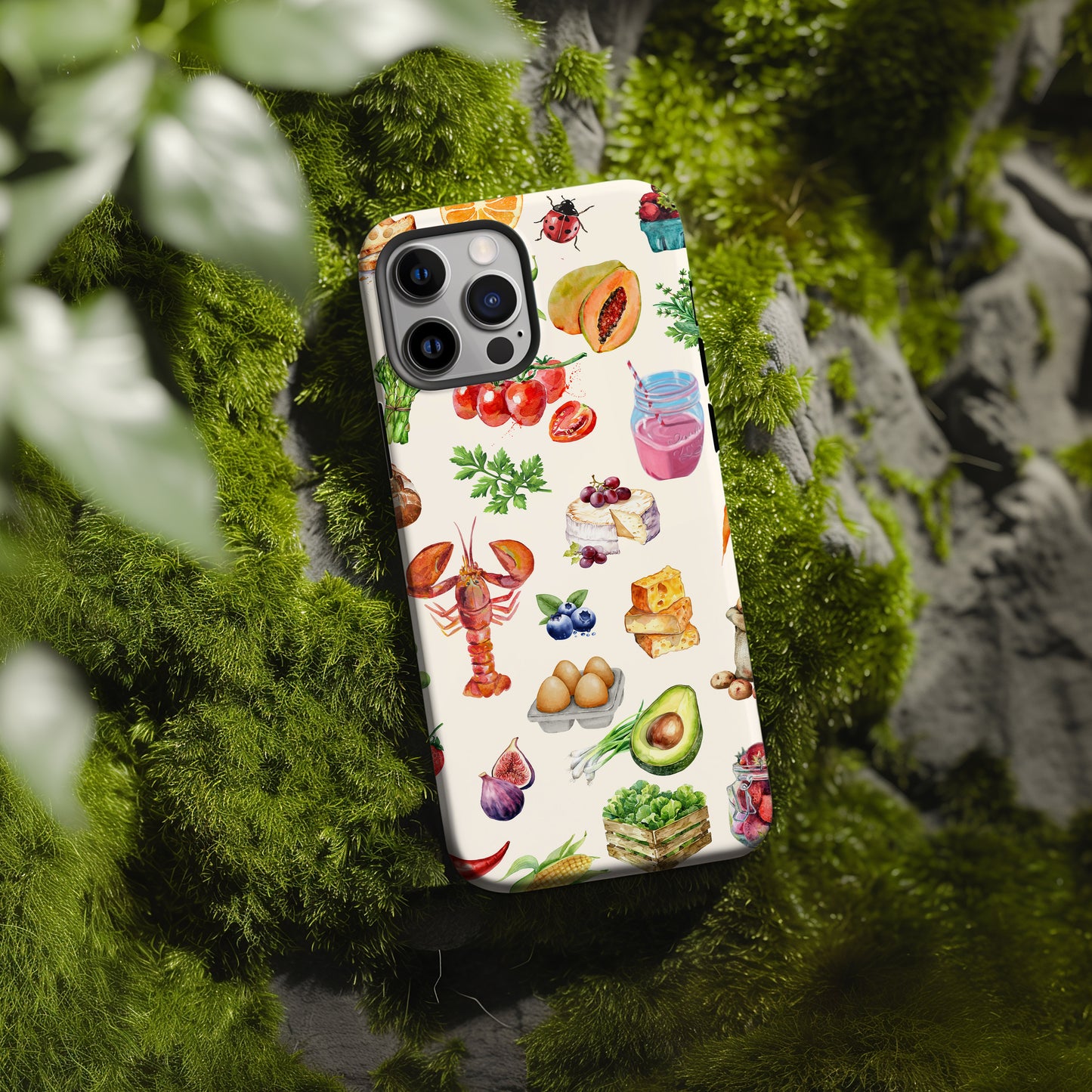 moss rock with farmer's market collage phone case. Scrapbook watercolor style with images of farm fresh food on a crem background. Phone case for iPhone and Samsung by Artscape Market