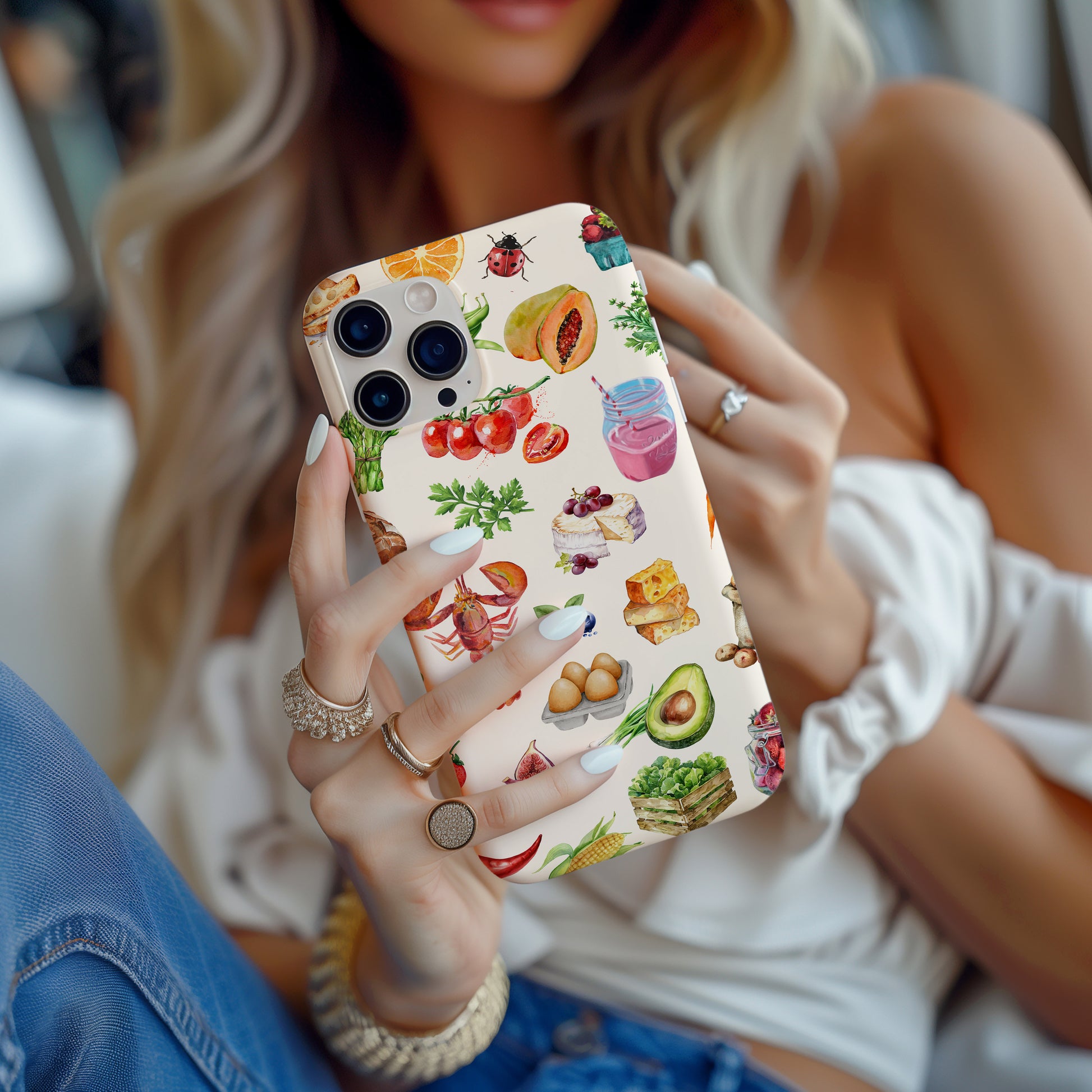 Girl holding farmer's market collage phone case. Scrapbook watercolor style with images of farm fresh food on a crem background. Phone case for iPhone and Samsung by Artscape Market