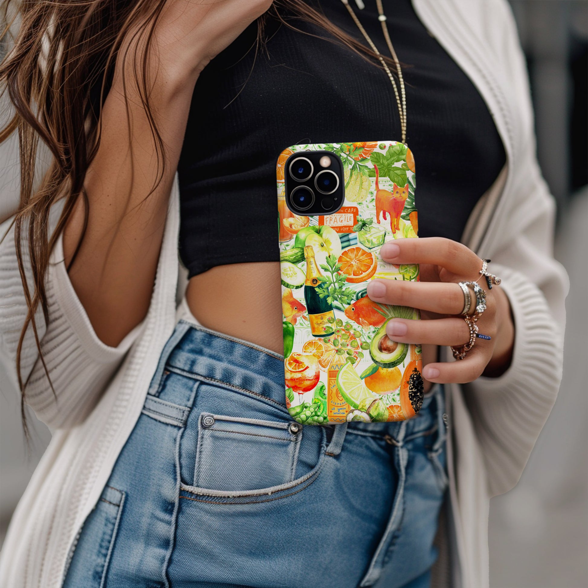 girl holding Orange and Green Watercolor Collage Phone Case. Maximalist style collage phone case for iPhone and Samsung Galaxy phone. Summer phone case by Artscape Market