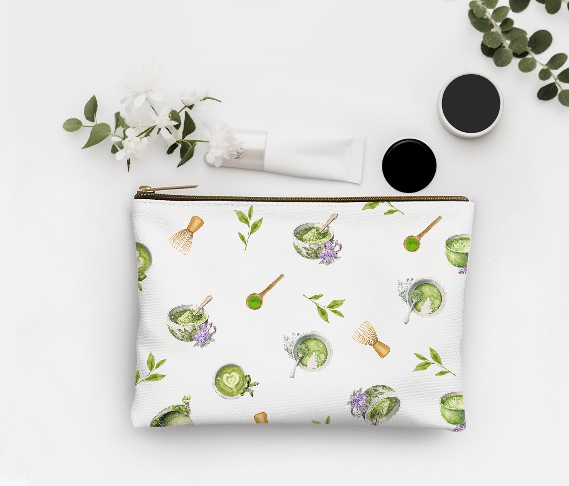 Matcha Green Tea Pattern Accessory Pouch. Make Up Bag or Travel Accessory