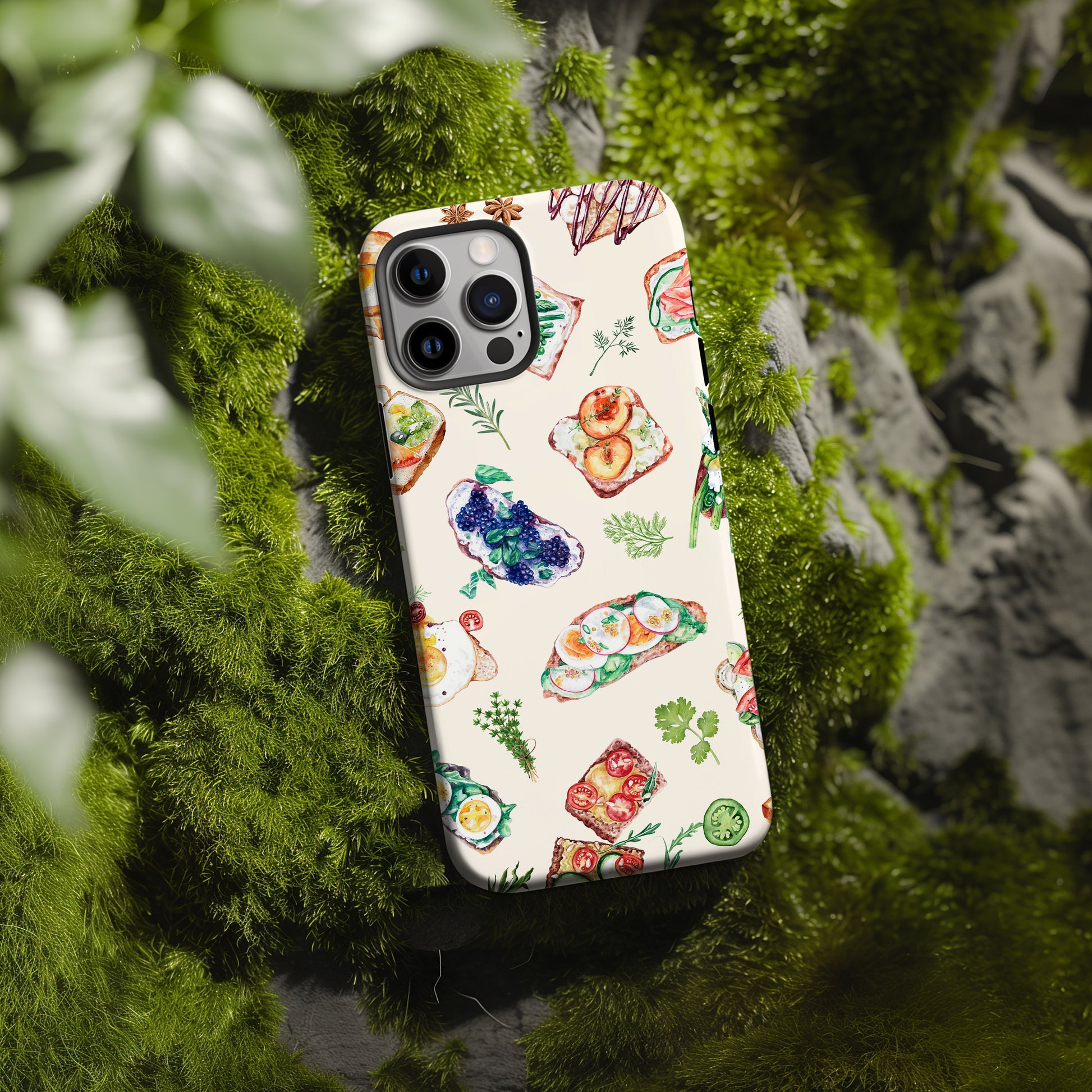moss rock view of Sandwich Collage Phone Case is uniquely designed with delicate watercolor collage art. Available for both iPhone and Samsung Galaxy, this case artfully combines elements of open faced sandwiches with delicate herbs. Great foodie or chef gift by Artscape Market