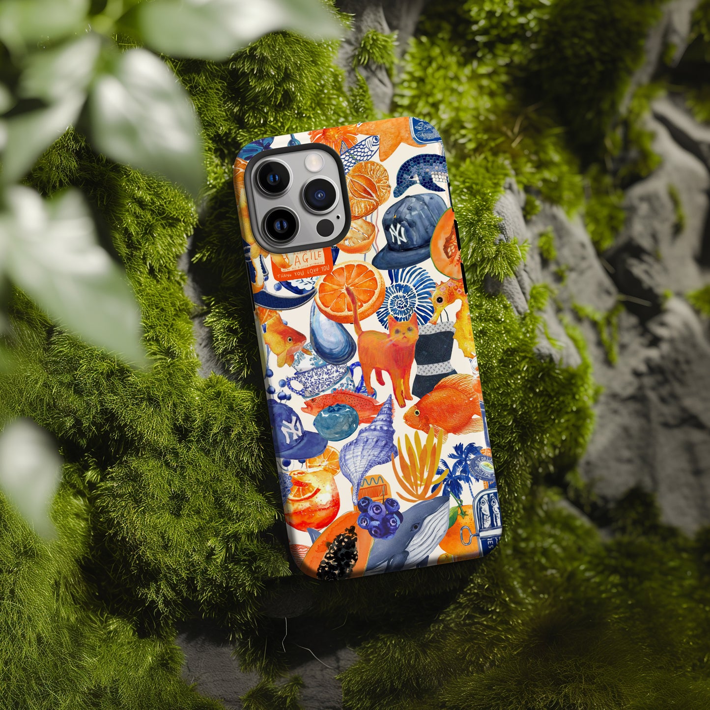 moss rock view of Blue and Orange Watercolor Collage Phone Case. Maximalist scrapbook style phone case for iPhone and Samsung Galaxy. Summer Phone Case by Artscape Market