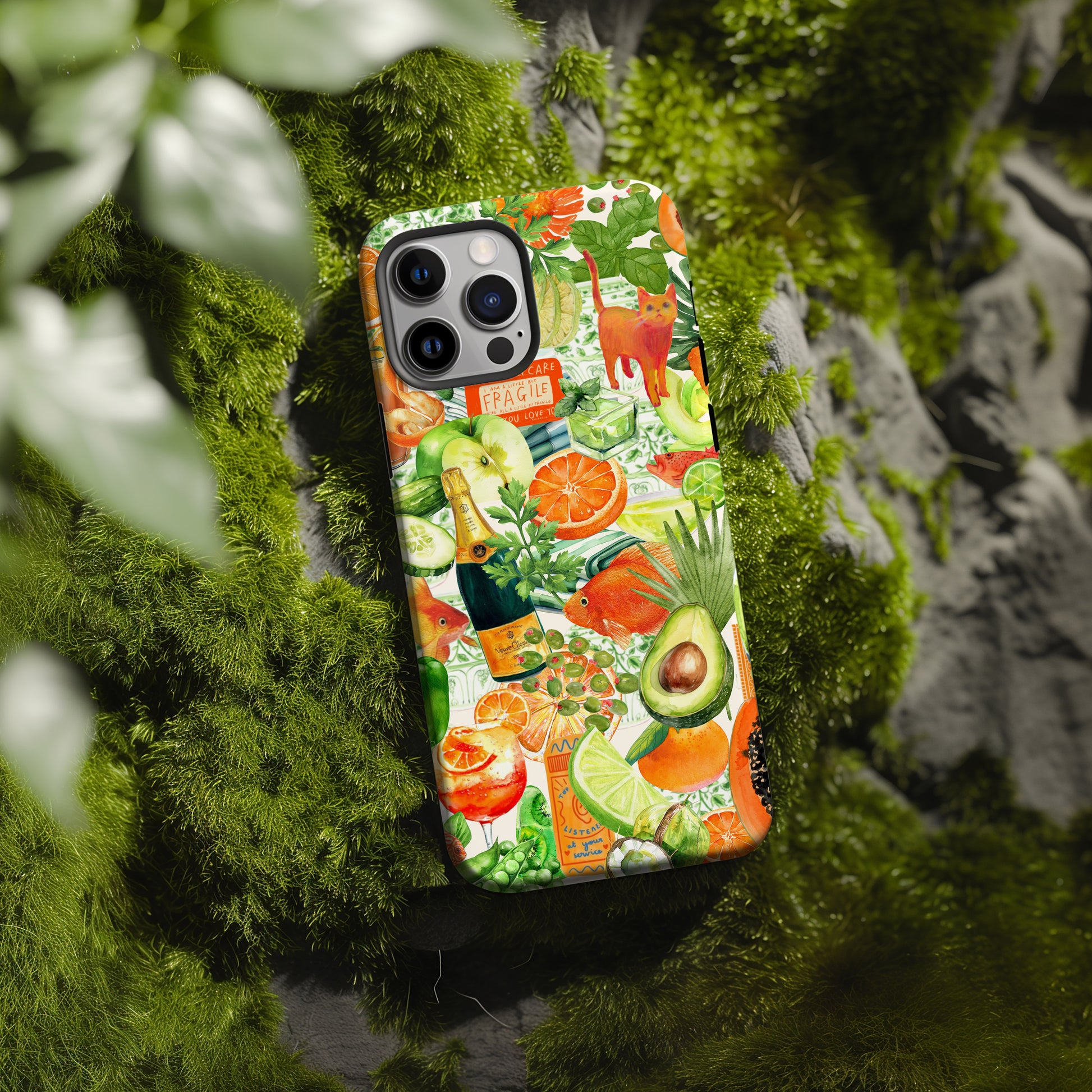 moss covered rock with Orange and Green Watercolor Collage Phone Case. Maximalist style collage phone case for iPhone and Samsung Galaxy phone. Summer phone case