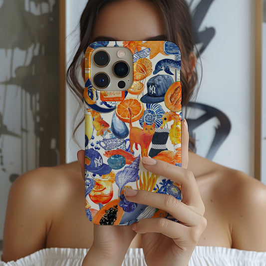 girl holding Blue and Orange Watercolor Collage Phone Case. Maximalist scrapbook style phone case for iPhone and Samsung Galaxy. Summer Phone Case by Artscape Market