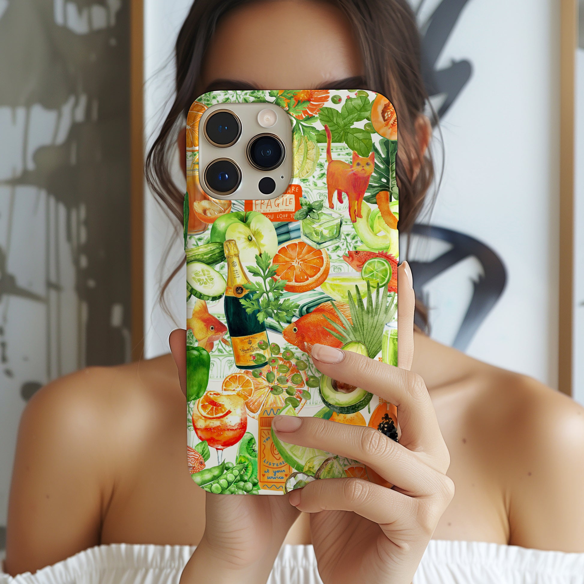 girl holding Orange and Green Watercolor Collage Phone Case. Maximalist style collage phone case for iPhone and Samsung Galaxy phone. Summer phone case by Artscape Market