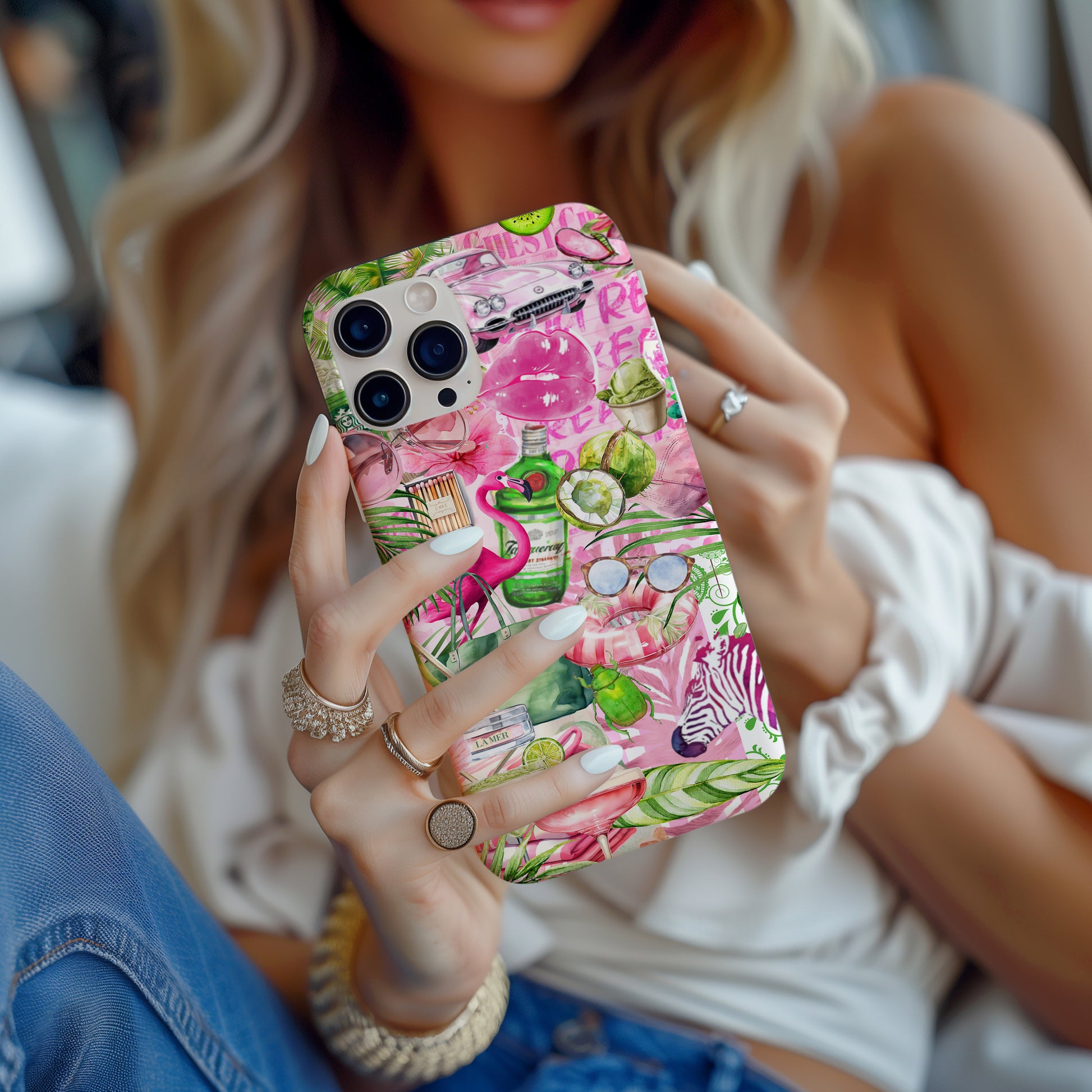 Girl holding Palm Beach Collage Phone Case. Scrapbook style Maximalist preppy beach design. Pink and Green phone case for iPhone and Samsung Galaxy by Artscape Market