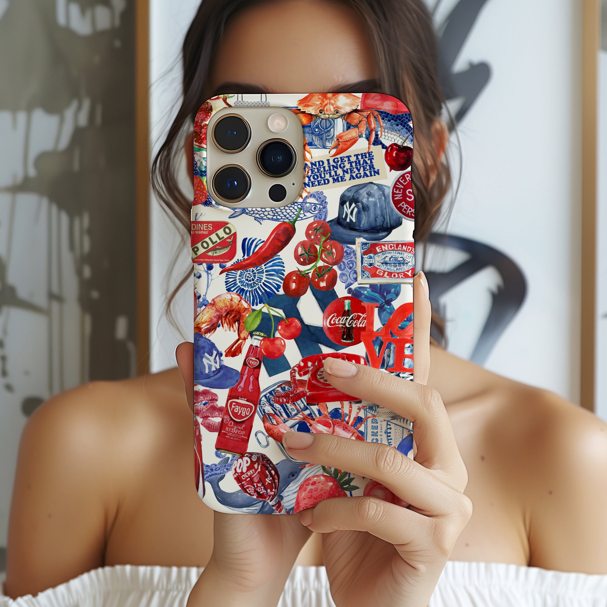 girl holding Red White and Blue Watercolor Collage Phone Case. 4th July Scrapbook style phone case for iPhone and Samsung Galaxy Preppy Summer phone case