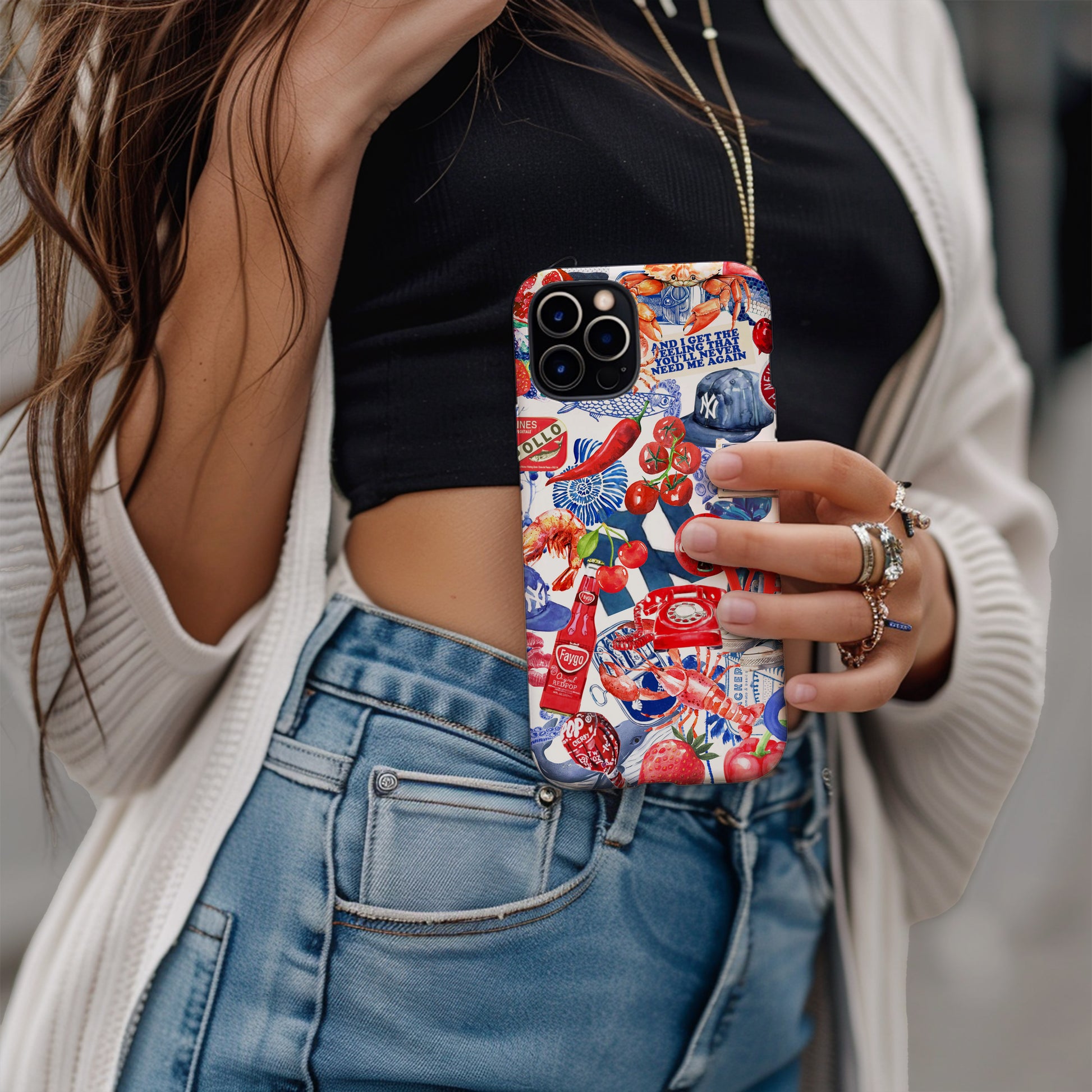 girl holding Red White and Blue Watercolor Collage Phone Case. 4th July Scrapbook style phone case for iPhone and Samsung Galaxy Preppy Summer phone case by Artscape Market