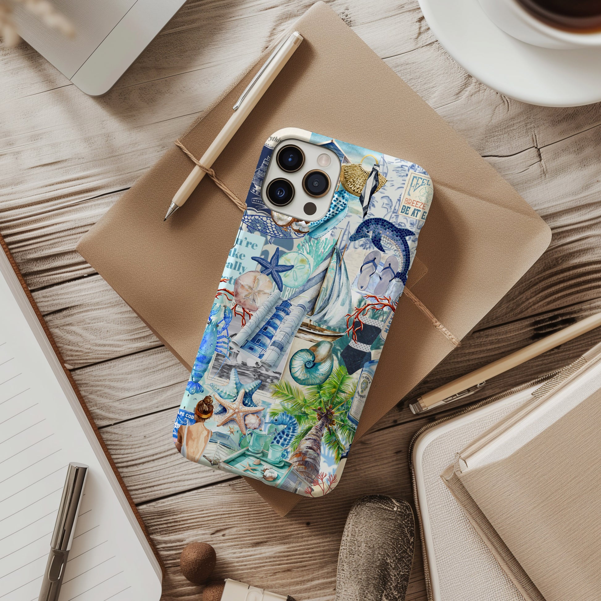 desk view Cape Cod Beach Collage Phone Case. Sand and Sea Phone Case for iPhone and Samsung Galaxy. Sailing and beach themed phone case by Artscape Market