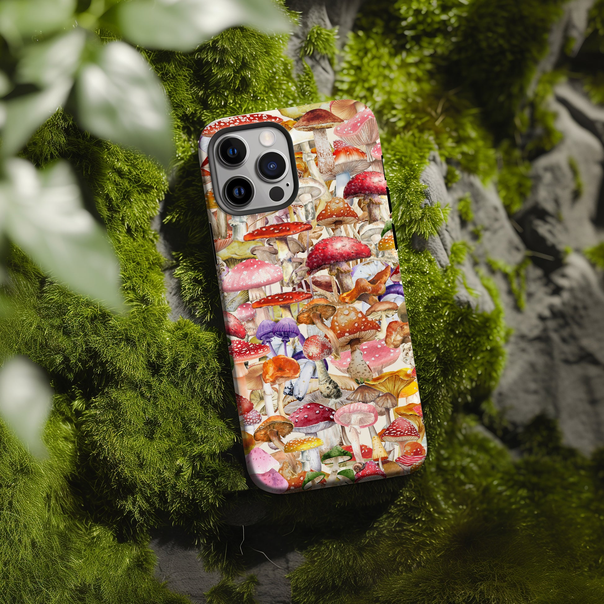 moss rock with Magic Mushroom Cottagecore style collage phone case by Artscape Market