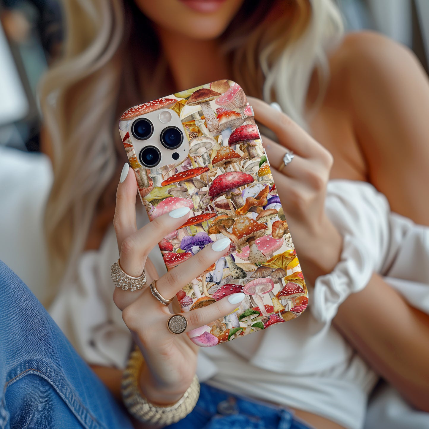 girl holding vintage mushroom scrapbook collage style phone case for iPhone and Samsung Galaxy