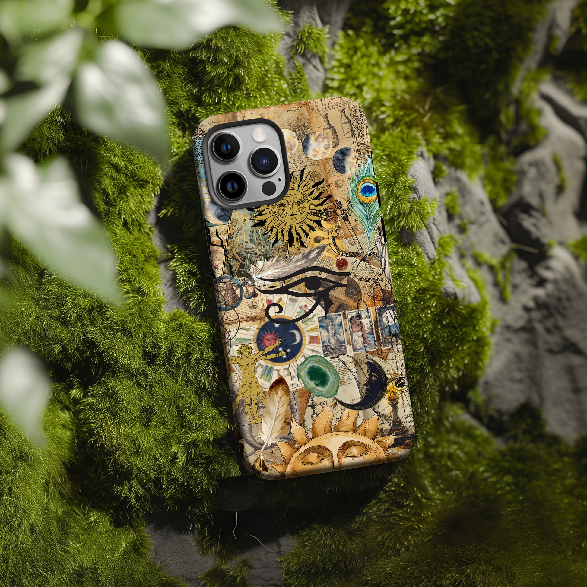 moss rock with mystical collage phone case by Artscape Market filled with celestial astrology tarot and alchemical images in watercolor scrapbook collage style
