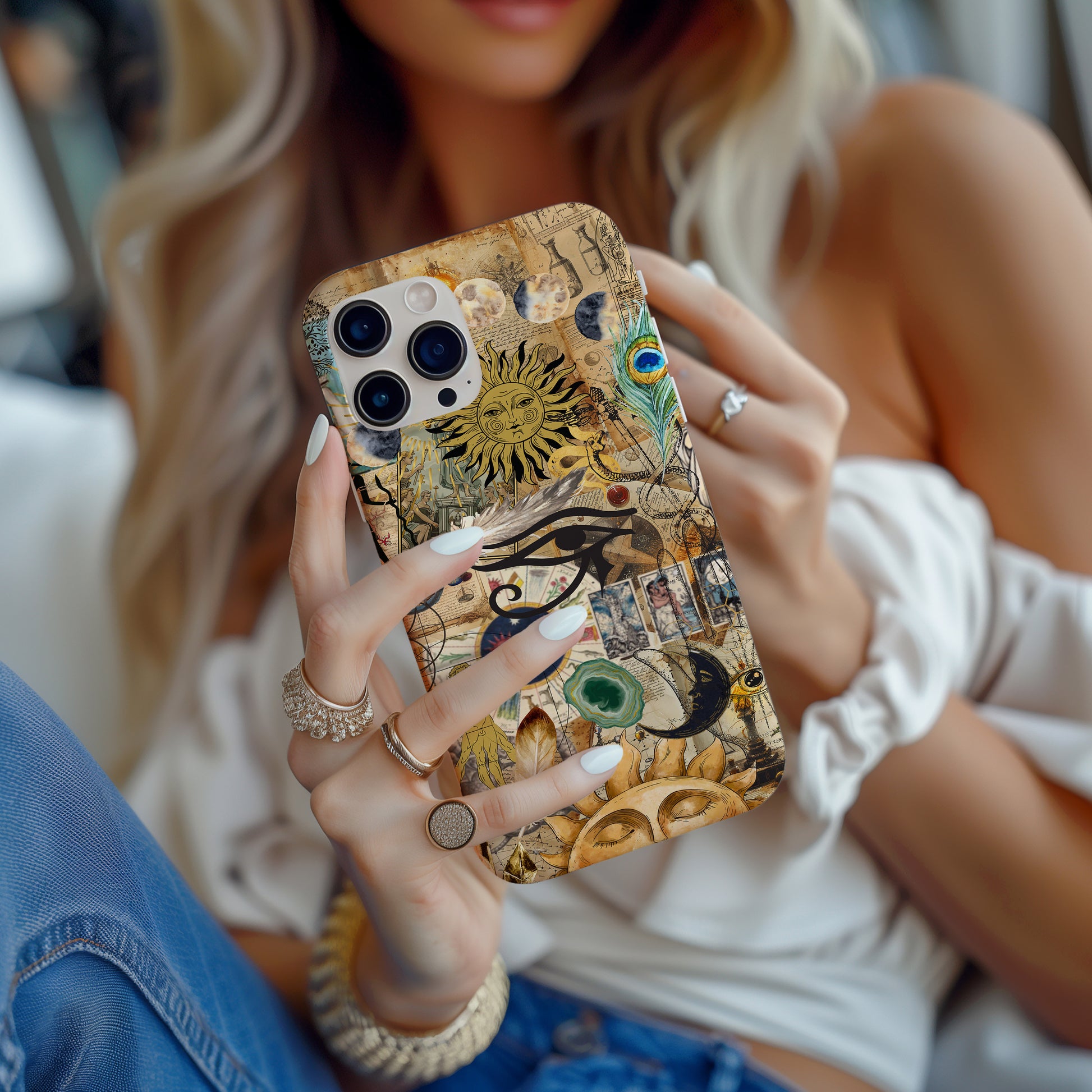 girl holding mystical collage phone case by Artscape Market filled with celestial astrology tarot and alchemical images in watercolor scrapbook collage style