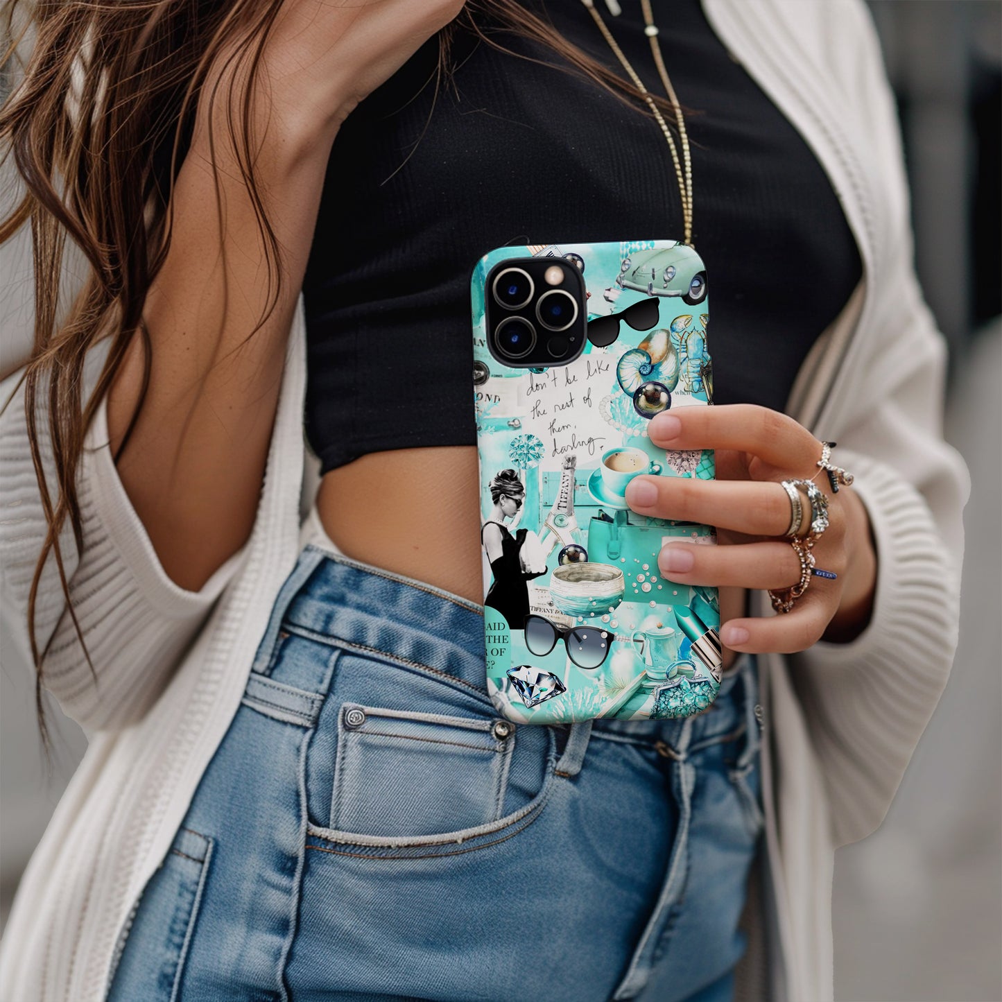 Girl holding Tiffany Blue Collage Phone Case. Breakfast at Tiffany's iconic phone case by Artscape Market